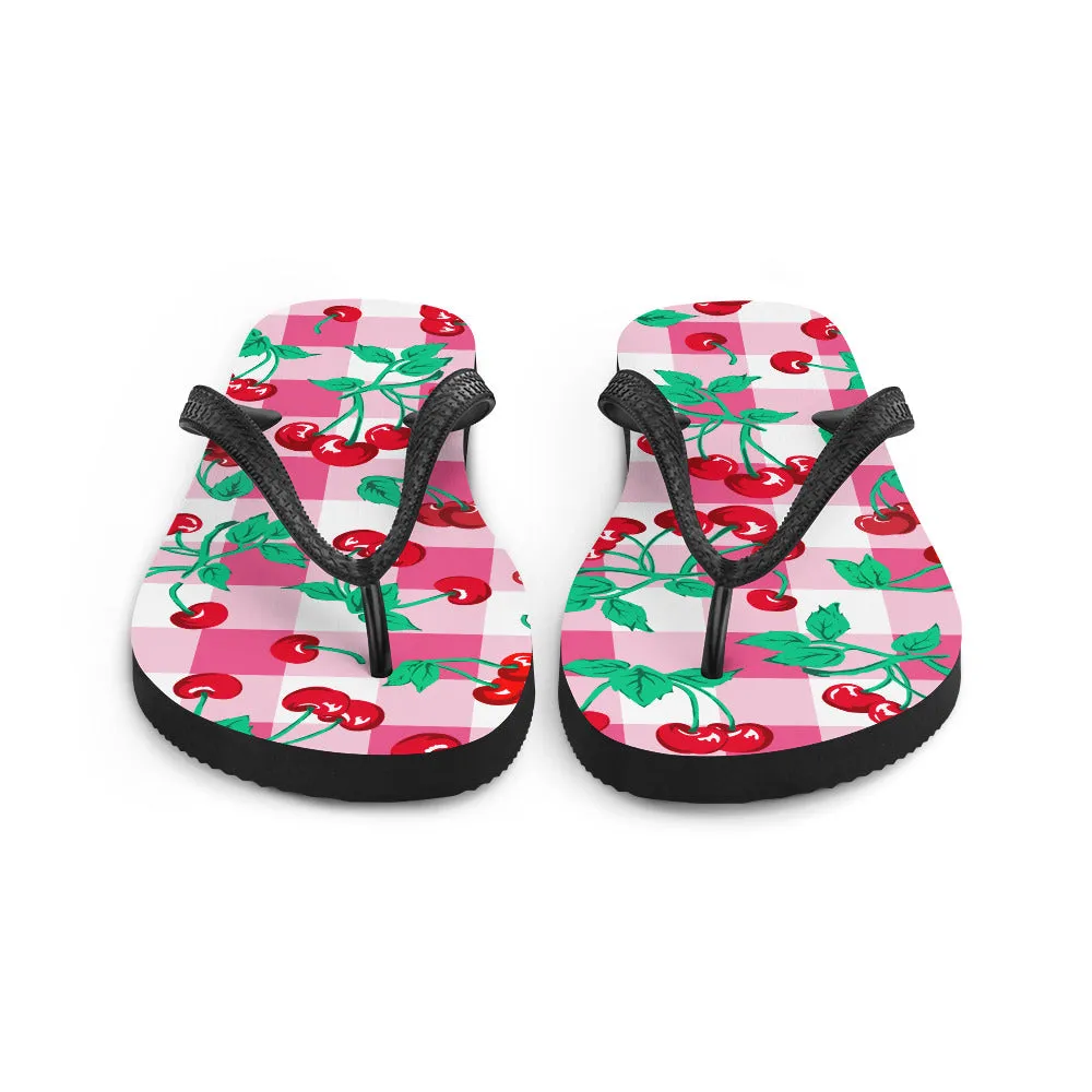 Amie Thong Flip-Flop Beach Sandals in Pink Gingham Cherry Girl | Pinup Couture Relaxed