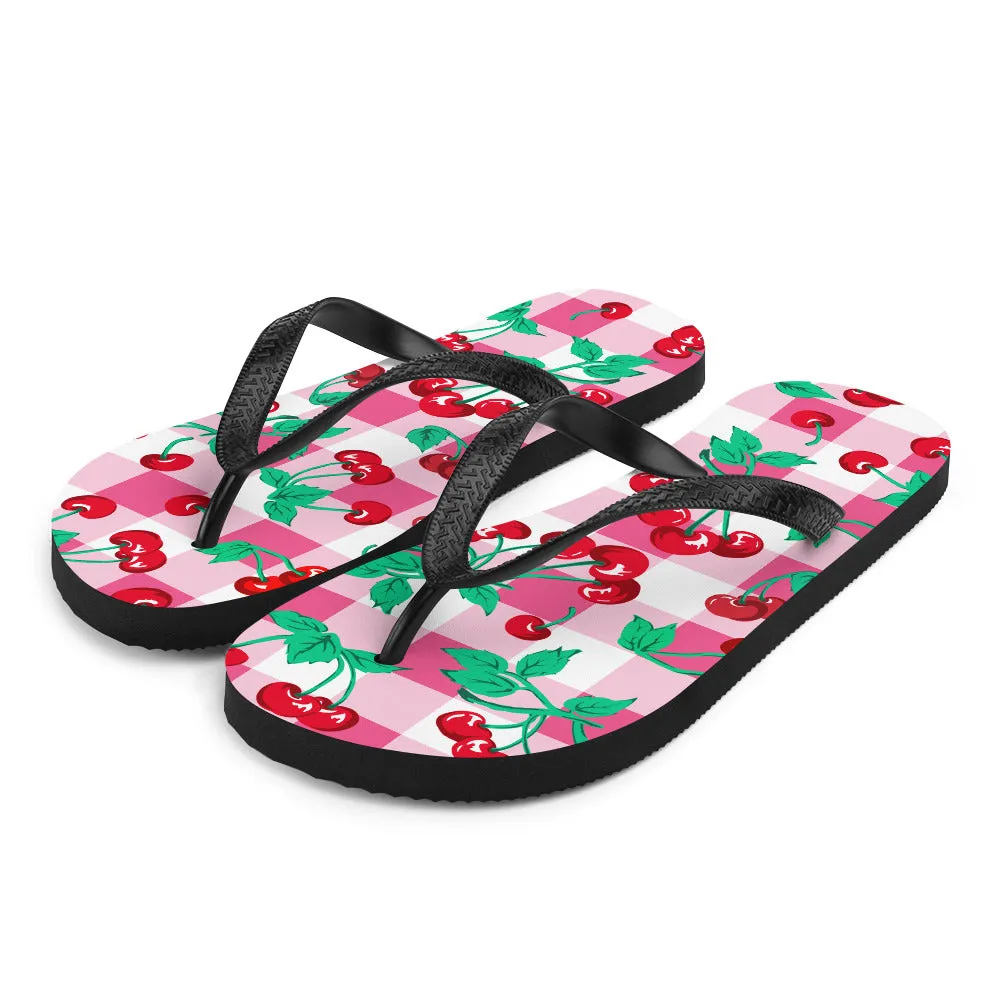 Amie Thong Flip-Flop Beach Sandals in Pink Gingham Cherry Girl | Pinup Couture Relaxed