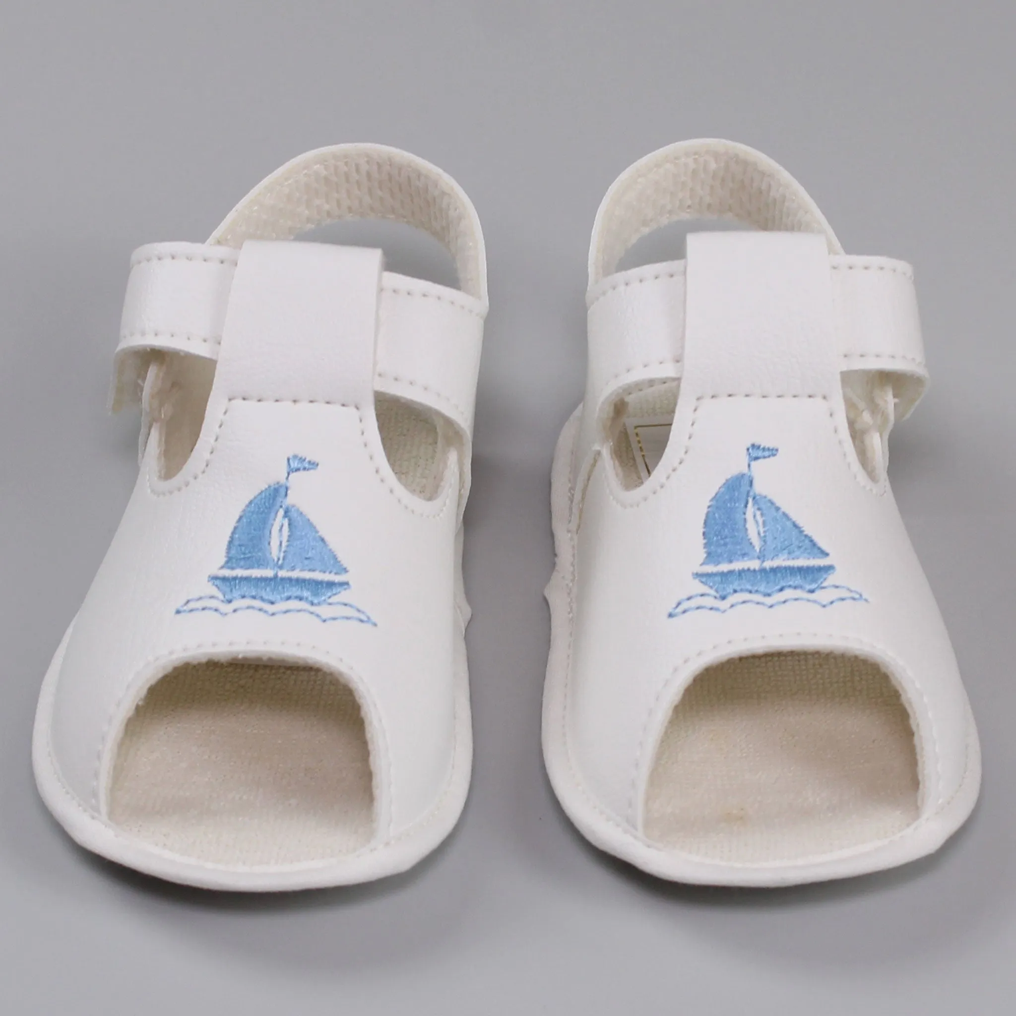 Baby Boy White Pram Sandals with Soft Sole with Embroidered Boat