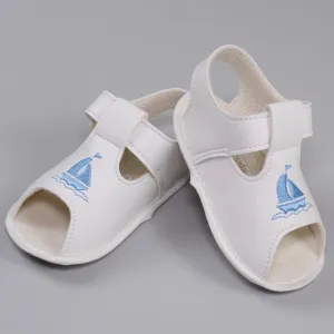 Baby Boy White Pram Sandals with Soft Sole with Embroidered Boat