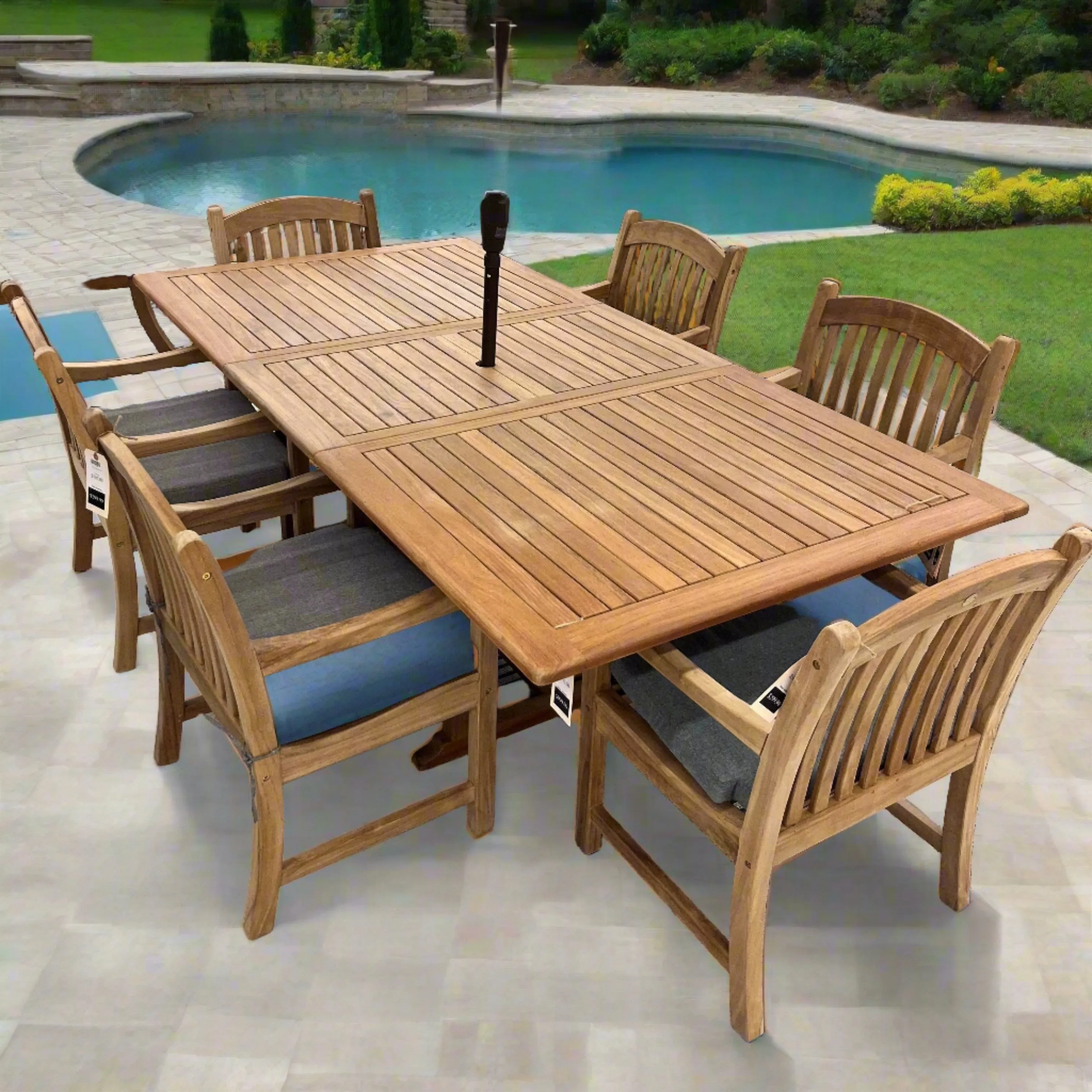 Bali Teak 7pc Outdoor Dining Set (Teak Rectangular Extendable Table 70-94" with 6 Teak Folding Yacht Amrchairs)