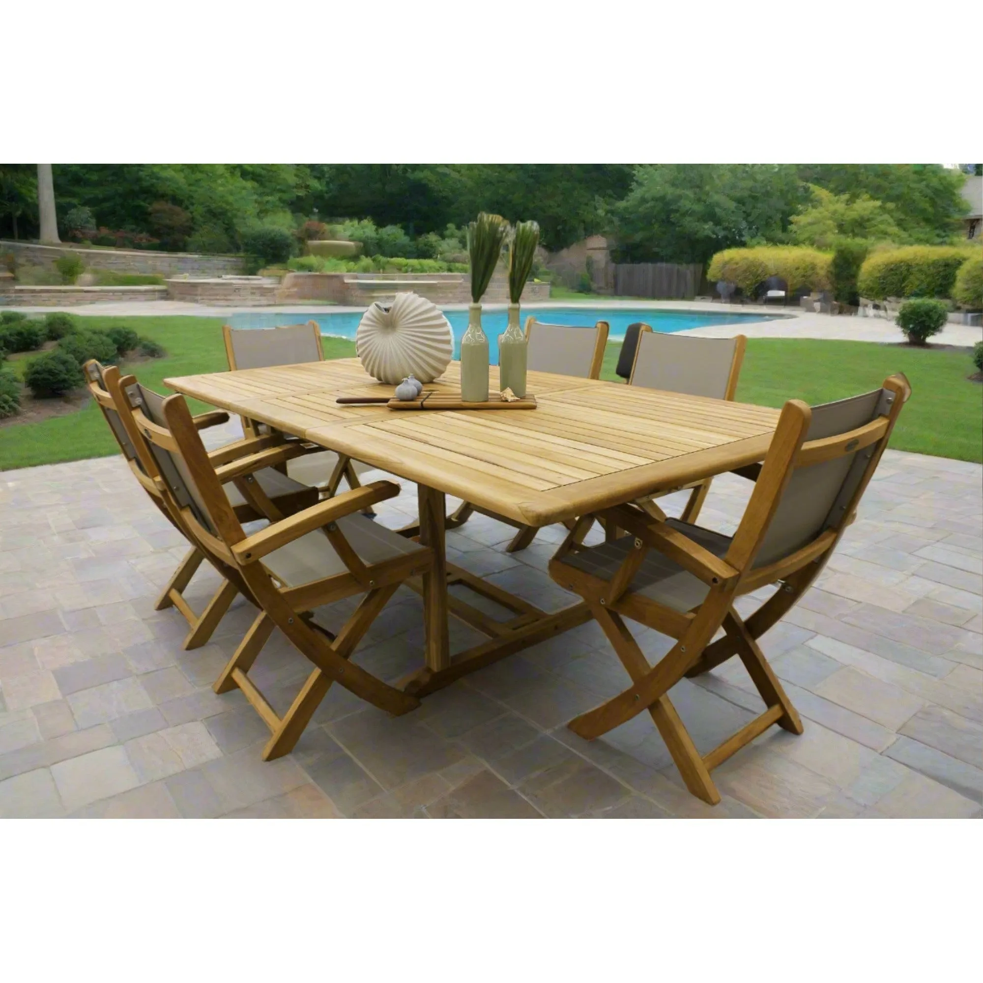 Bali Teak 7pc Outdoor Dining Set (Teak Rectangular Extendable Table 70-94" with 6 Teak Folding Yacht Amrchairs)