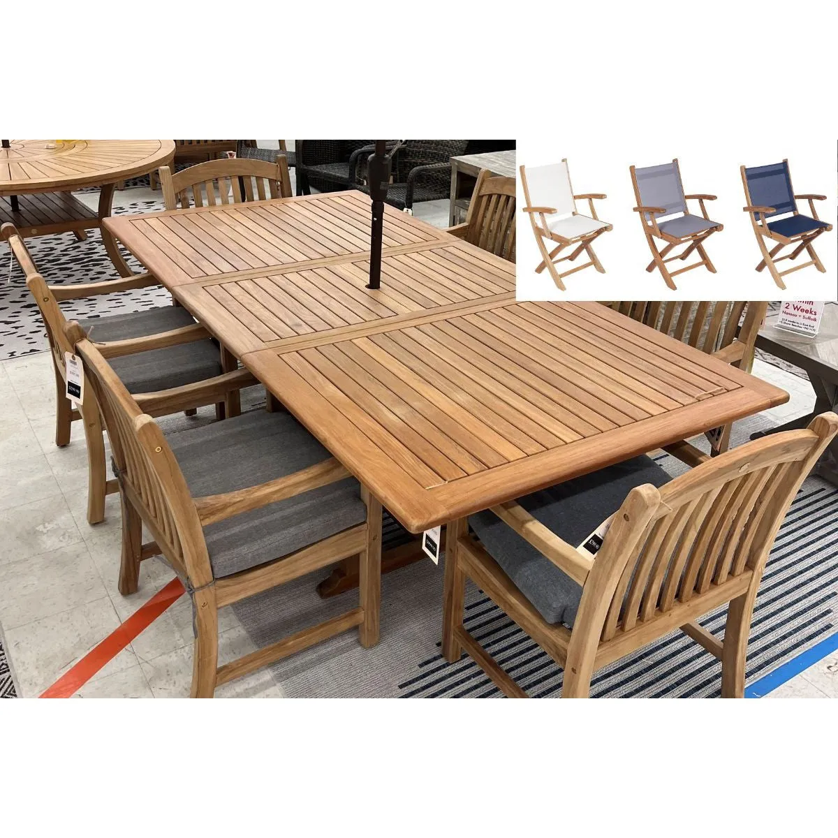 Bali Teak 7pc Outdoor Dining Set (Teak Rectangular Extendable Table 70-94" with 6 Teak Folding Yacht Amrchairs)