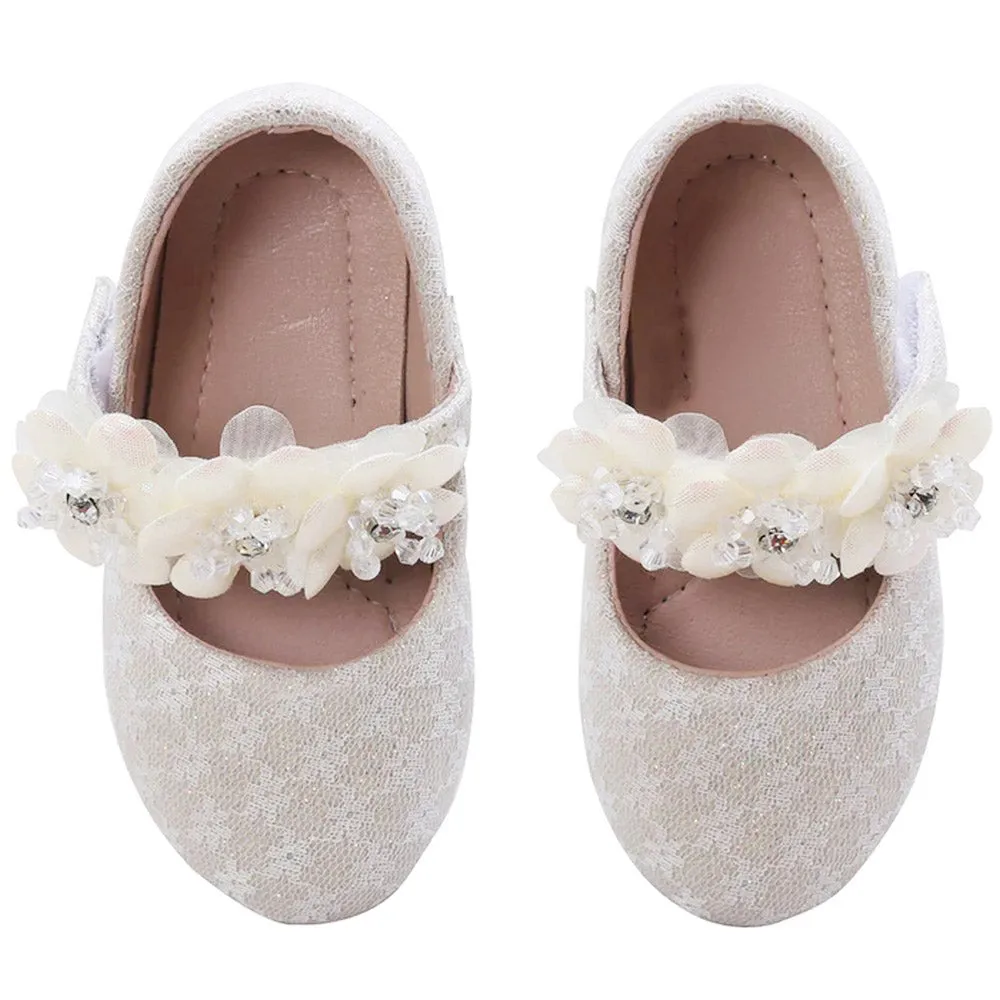 Beige Embellished Velcro Closure Ballerina