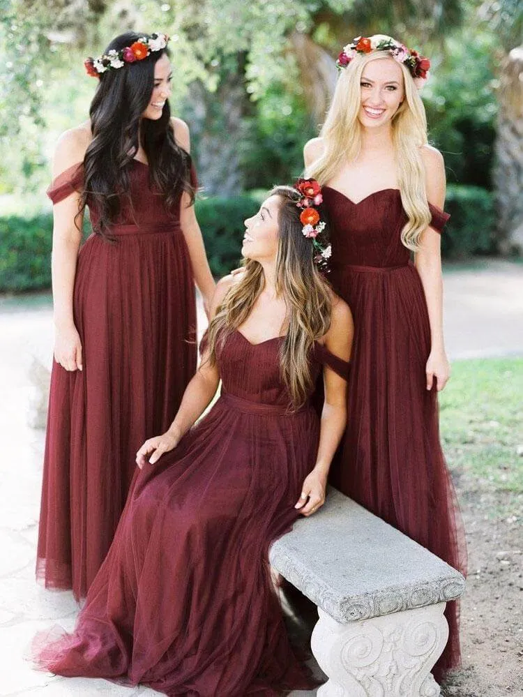 Burgundy Off Shoulder Tulle Different Bridesmaid Dresses Long, BD87