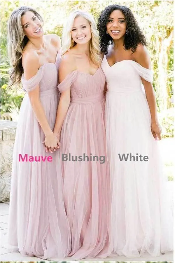 Burgundy Off Shoulder Tulle Different Bridesmaid Dresses Long, BD87