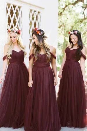 Burgundy Off Shoulder Tulle Different Bridesmaid Dresses Long, BD87