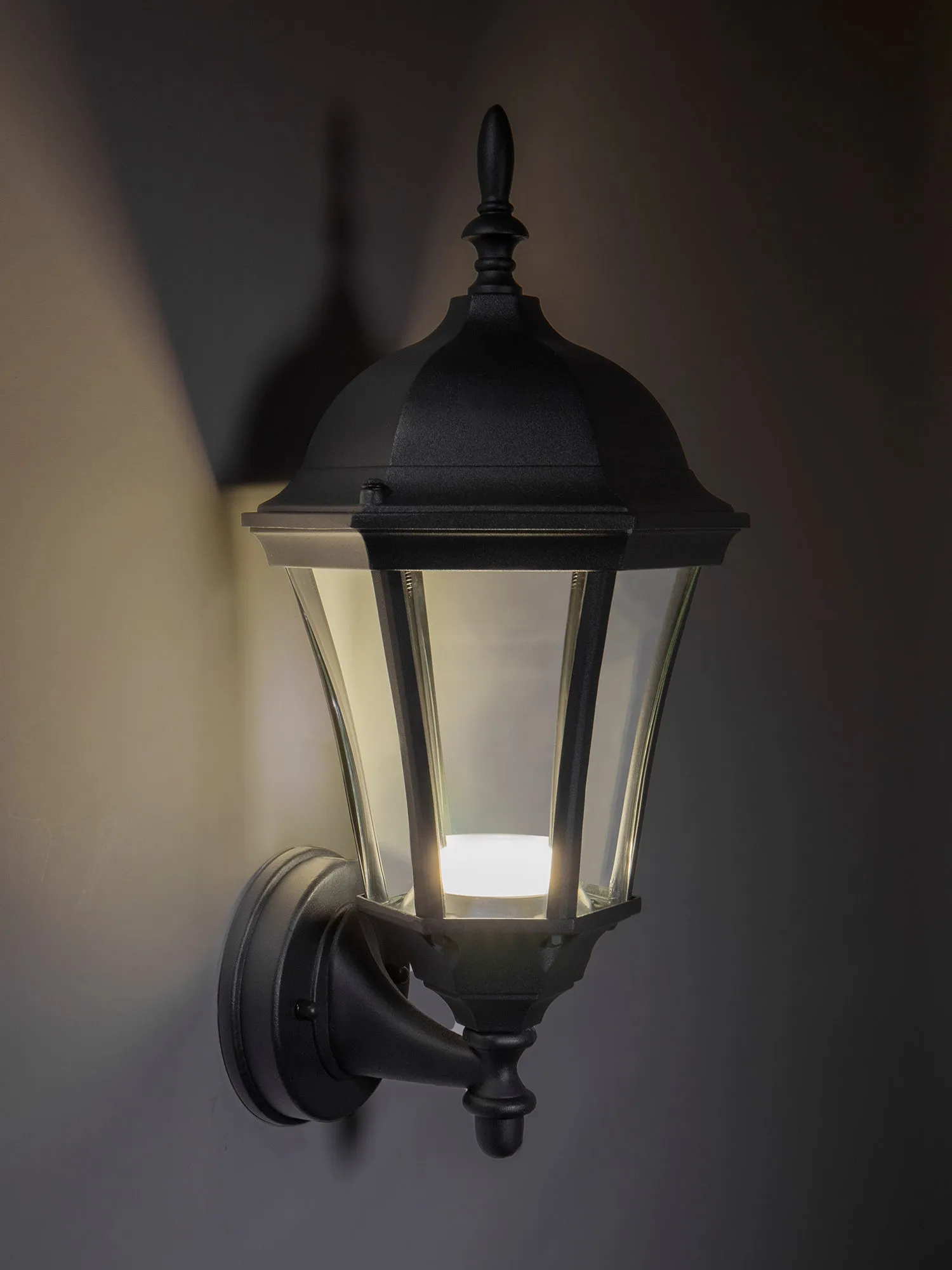 Integrated LED Inverted Glass Hex Wall Sconce Lantern, 800 Lumens, 3K, Wet Location, Black Finish with Clear Glass