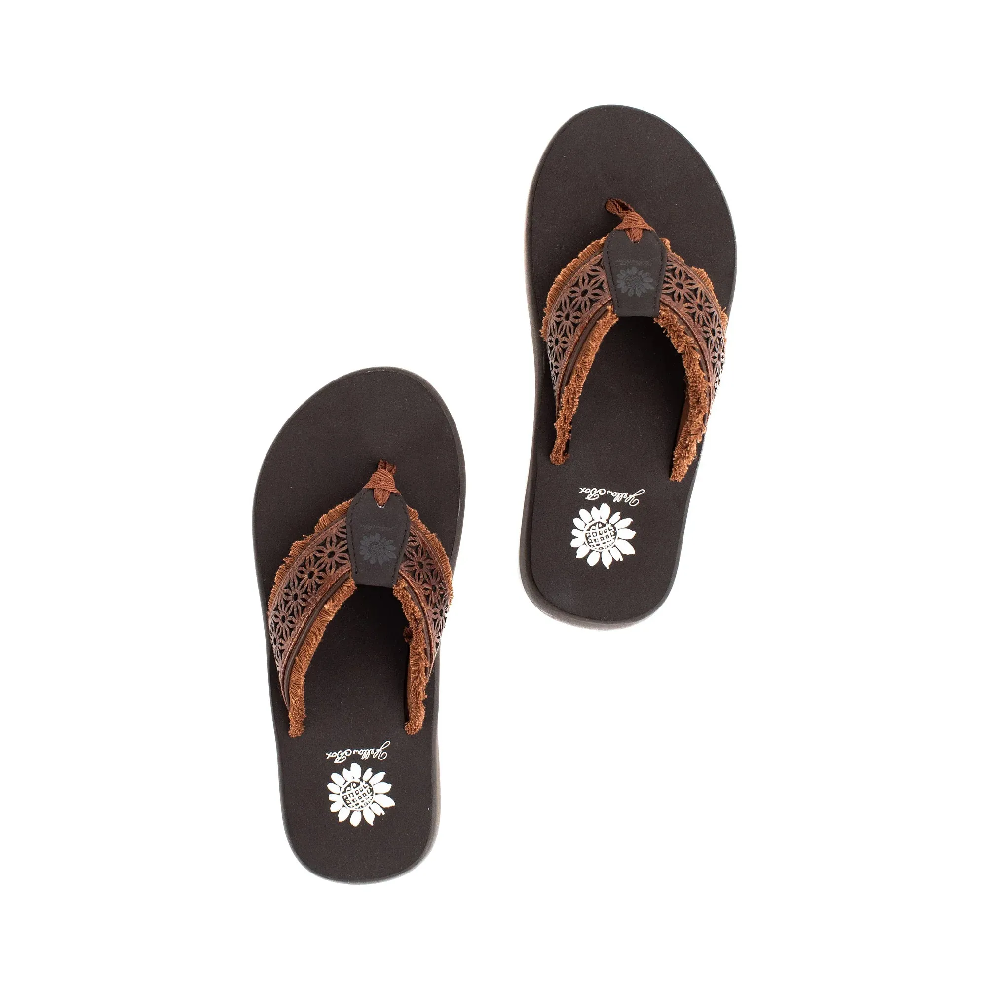 Laser Cut Frayed Flip Flop Sandal | Yellow Box | Griffon Brown